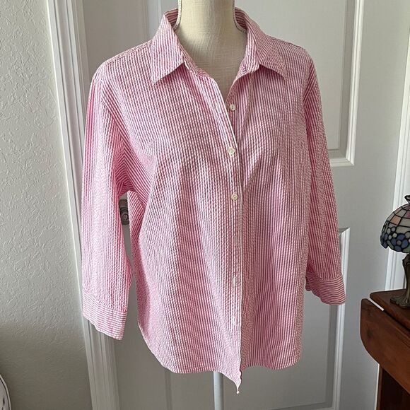 L.L. Bean Pink and White Seersucker Cotton Button up Blouse 3/4 Sleeve SZ XL - Picture 1 of 8